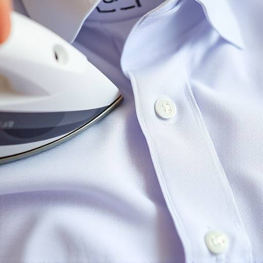 Close-up de uma camisa social sendo cuidadosamente passada a ferro, com foco na textura do tecido e na perfeiäão do acabamento.