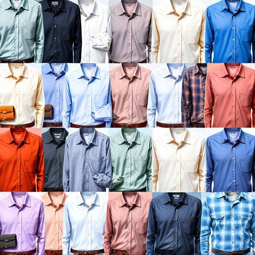 Colagem de diferentes camisas formais masculinas, exibindo cores, texturas e estilos variados, adequados para o ambiente de trabalho.